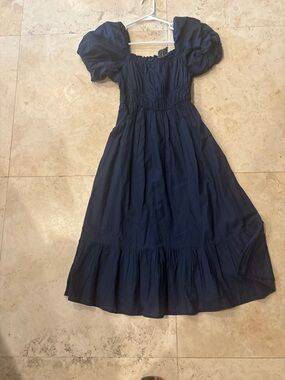Navy Puff Sleeve Midi Dress